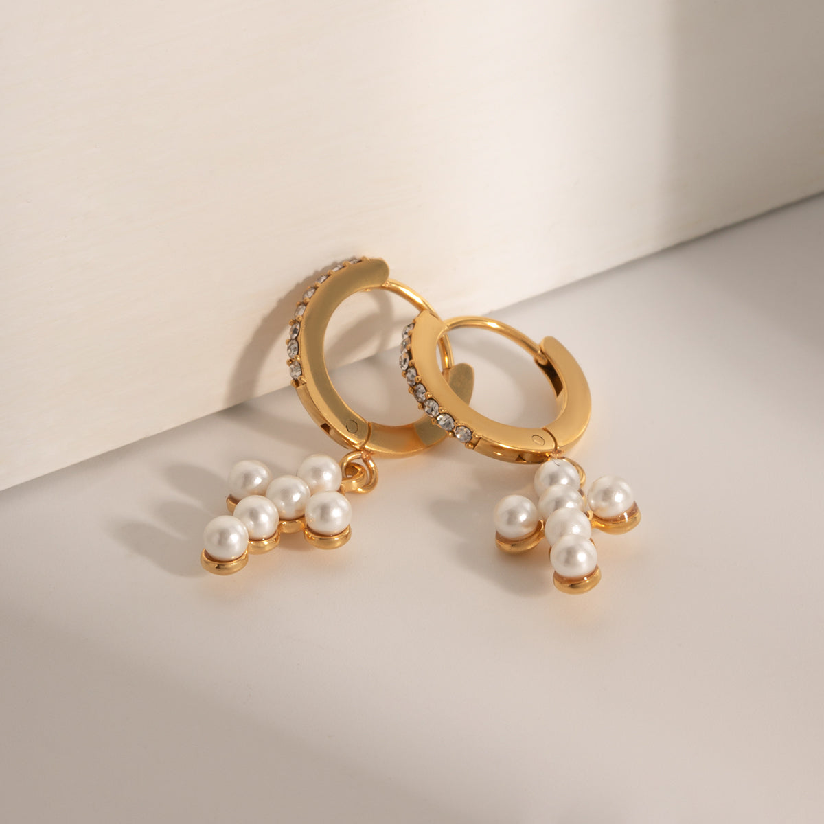 Earrings "Maria" with cross pendant in stainless steel - 18k gold plated