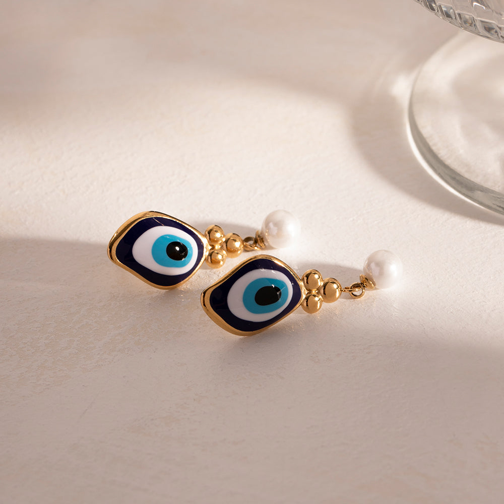 Earrings "Naz" Evil Eye with pearl in stainless steel - 18k gold plated