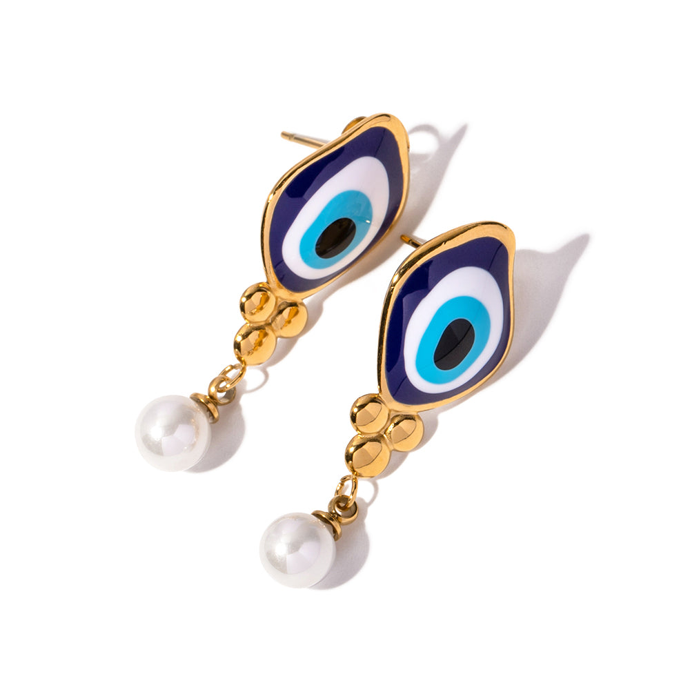 Earrings "Naz" Evil Eye with pearl in stainless steel - 18k gold plated