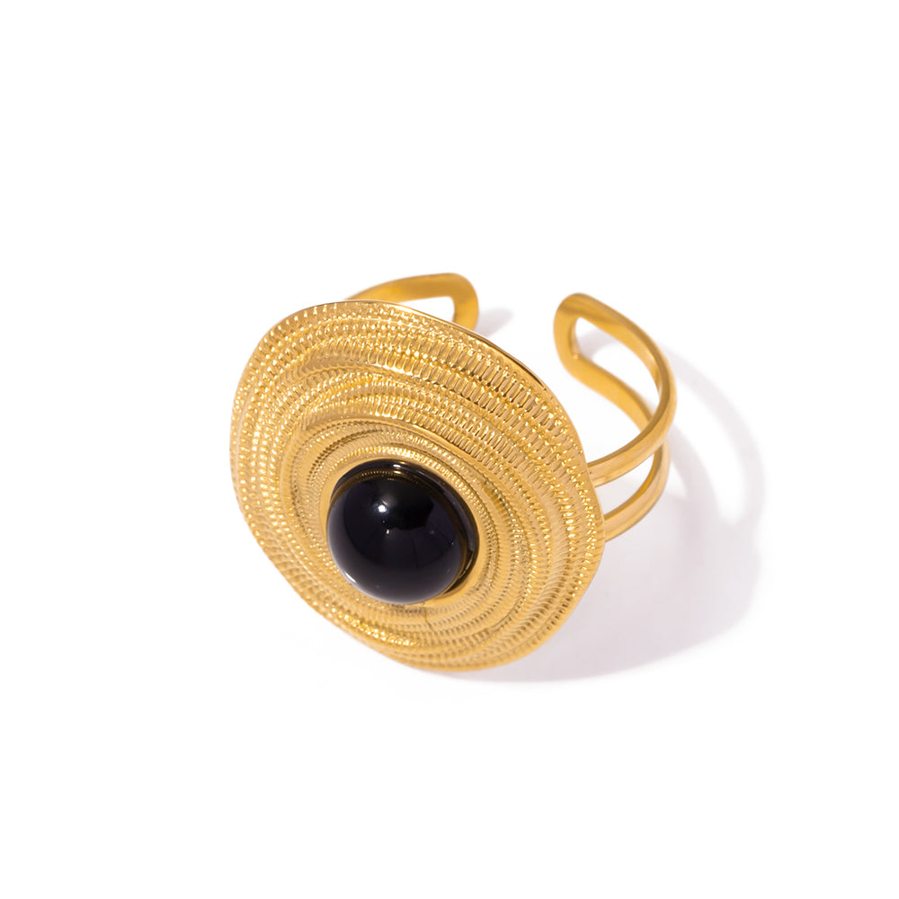 Ring geometrisch mit schwarzer Kugel in Edelstahl - 18k vergoldet
