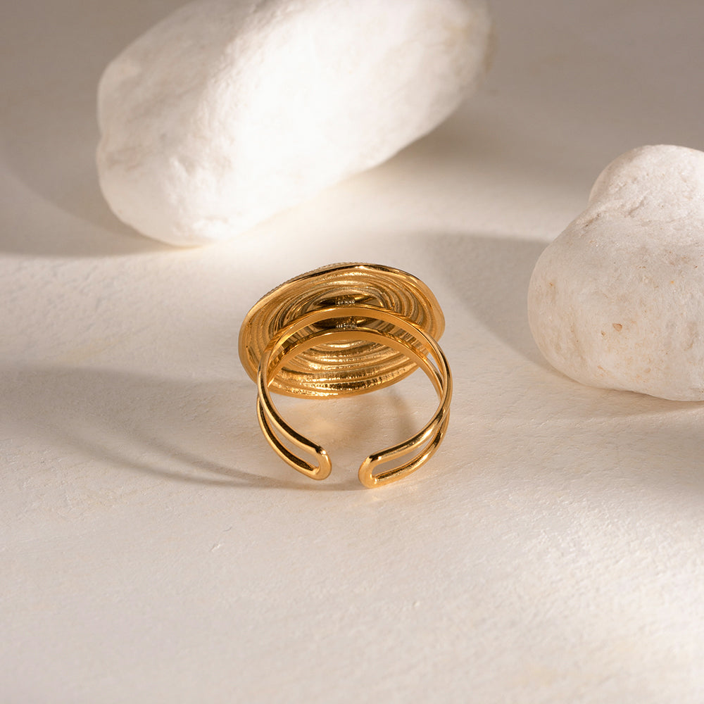 Ring geometrisch mit schwarzer Kugel in Edelstahl - 18k vergoldet